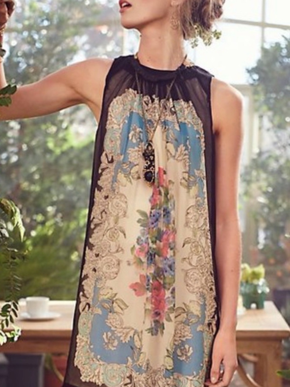 Moulinette Soeurs Black Sheer Midi Dress with Turquoise and Floral Print